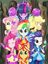 Size: 679x902 | Tagged: safe, artist:samyvillaly, applejack, fluttershy, pinkie pie, rainbow dash, rarity, sci-twi, sunset shimmer, twilight sparkle, equestria girls, legend of everfree, clothes, crystal guardian, everfree forest, geode of empathy, geode of shielding, geode of super speed, geode of super strength, geode of telekinesis, humane five, humane seven, humane six, magical geodes, ponied up, suit