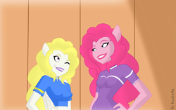 Size: 3000x1886 | Tagged: safe, artist:kodretta, pinkie pie, surprise, anthro, clothes, duo female, female