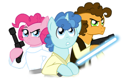 Size: 1024x695 | Tagged: safe, artist:crazynutbob, cheese sandwich, party favor, pinkie pie, earth pony, pony, blaster, energy weapon, female, gun, han solo, handgun, hooves, lightsaber, luke skywalker, male, mare, party trio, princess leia, solo, stallion, star wars, weapon