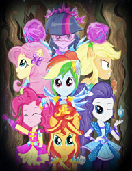 Size: 1884x2443 | Tagged: safe, alternate version, artist:samyvillaly, applejack, fluttershy, pinkie pie, rainbow dash, rarity, sci-twi, sunset shimmer, twilight sparkle, equestria girls, legend of everfree, clothes, crystal, crystal guardian, everfree forest, geode of empathy, geode of shielding, geode of super speed, geode of super strength, geode of telekinesis, guardians of harmony, humane five, humane seven, humane six, magical geodes, ponied up, suit, toy