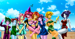 Size: 4154x2137 | Tagged: safe, alternate version, artist:mauroz, applejack, fluttershy, pinkie pie, rainbow dash, rarity, spike, sunset shimmer, twilight sparkle, human, armpits, blushing, breast grab, breasts, cleavage, clothes, digital art, female, grope, happy new year, holiday, humanized, lesbian, mane six, shipping, smiling, sunsetpie