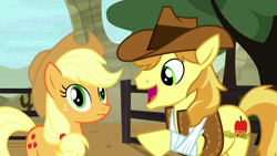 Size: 1280x720 | Tagged: safe, screencap, applejack, braeburn, earth pony, pony, appleoosa's most wanted, female, mare