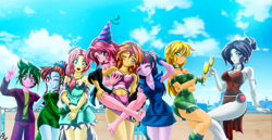 Size: 4154x2137 | Tagged: safe, alternate version, artist:mauroz, applejack, fluttershy, pinkie pie, rainbow dash, rarity, spike, sunset shimmer, twilight sparkle, human, armpits, blushing, breast grab, breasts, clothes, digital art, female, grope, happy new year, holiday, humanized, lesbian, mane six, shipping, smiling, sunsetpie