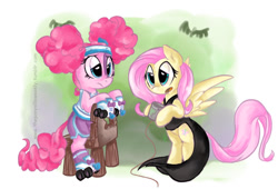 Size: 1056x718 | Tagged: safe, artist:vago-xd, fluttershy, pinkie pie, earth pony, pegasus, pony, scare master, clothes, costume, nightmare night costume, pinkie puffs, roller skates