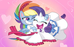 Size: 1011x647 | Tagged: artist needed, safe, derpibooru import, rainbow dash, rarity, pegasus, pony, unicorn, my little pony: pony life, blushing, clothes, dress, eyes closed, eyeshadow, female, floral head wreath, flower, glomp, grin, hug, lesbian, makeup, mare, raridash, shipping, smiling, wedding dress