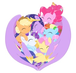 Size: 1080x1047 | Tagged: safe, artist:greenokapia, derpibooru import, applejack, fluttershy, pinkie pie, rainbow dash, rarity, twilight sparkle, twilight sparkle (alicorn), alicorn, earth pony, pegasus, pony, unicorn, the last problem, ethereal mane, eyes closed, freckles, hat, hoof shoes, hug, mane six, older, older twilight, simple background, smiling, starry mane, white background, winghug