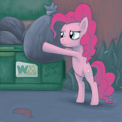Size: 1000x1000 | Tagged: safe, artist:unsavorydom, pinkie pie, pony, bipedal, christmas tree, dumpster, frown, graffiti, hoof hold, lonely, sad, solo, tired, trash, tree, waifu, waste management, your waifu is trash