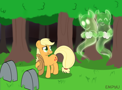 Size: 1000x735 | Tagged: safe, artist:empyu, applejack, earth pony, ghost, pony, 30 minute art challenge, applejack's parents, gravestone