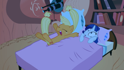 Size: 1366x768 | Tagged: safe, screencap, applejack, rarity, earth pony, pony, unicorn, look before you sleep, female, horn, mare