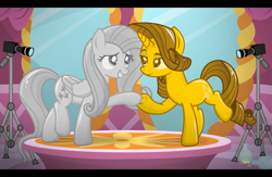 Size: 7100x4640 | Tagged: safe, artist:icaron, fluttershy, rarity, pegasus, pony, unicorn, absurd resolution, camera, carousel boutique, female, flarity, gold, inanimate object, inanimate tf, lesbian, petrification, potion, shipping, show accurate, silver, statue, transformation