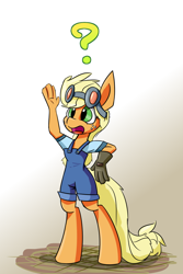 Size: 700x1050 | Tagged: safe, artist:heir-of-rick, applejack, anthro, daily apple pony, engiejack, engineer, question mark, solo, team fortress 2