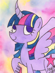 Size: 2448x3240 | Tagged: safe, artist:grocerystorephobic, derpibooru import, twilight sparkle, twilight sparkle (alicorn), alicorn, pony, female, mare, rainbow power, solo, traditional art, watercolor painting