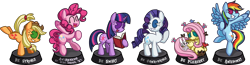 Size: 5752x1499 | Tagged: safe, artist:cazra, derpibooru import, angel bunny, applejack, fluttershy, pinkie pie, rainbow dash, rarity, twilight sparkle, unicorn twilight, bird, butterfly, earth pony, pegasus, pony, rabbit, squirrel, unicorn, fallout equestria, animal, book, bucking, cowboy hat, eyes closed, fanfic, fanfic art, female, grin, hat, hooves, horn, mare, ministry mares, ministry mares statuette, open mouth, pacman eyes, prone, simple background, smiling, spread wings, statuette, statuettes, transparent background, wings