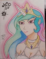 Size: 985x1269 | Tagged: safe, artist:emichaca, princess celestia, human, breasts, cleavage, female, horned humanization, humanized, solo, traditional art