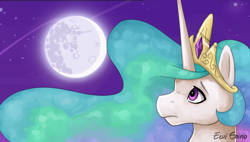 Size: 1200x680 | Tagged: safe, artist:eeviart, princess celestia, alicorn, pony, celestial advice, bust, mare in the moon, moon, portrait, scene interpretation, solo