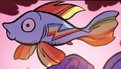 Size: 337x193 | Tagged: safe, derpibooru import, idw, rainbow dash, fish, spoiler:comic, spoiler:comic78, cropped, female, fishified, goldfish, rainbow trout, solo, species swap