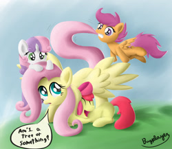 Size: 1500x1300 | Tagged: safe, artist:bugplayer, apple bloom, fluttershy, scootaloo, sweetie belle, earth pony, pegasus, pony, unicorn, cutie mark crusaders, female, filly, fluttertree, hug, mare, tail bite