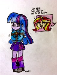 Size: 2066x2696 | Tagged: safe, artist:michaelmaddox222, sunset shimmer, twilight sparkle, human, equestria girls, angry, bondage, clothes, colored, female, leg warmers, miniskirt, pencil drawing, pleated skirt, shoes, signature, skirt, smiling, straitjacket, traditional art