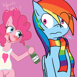 Size: 800x800 | Tagged: safe, artist:sober-berry-punch, derpibooru import, pinkie pie, rainbow dash, earth pony, pegasus, pony, alcohol, apron, beer, beer bottle, bottle, clothes, pinkiepieskitchen, scarf