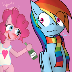 Size: 800x800 | Tagged: safe, alternate version, artist:sober-berry-punch, derpibooru import, pinkie pie, rainbow dash, earth pony, pegasus, pony, alcohol, apron, beer, beer bottle, bottle, clothes, pinkiepieskitchen, scarf