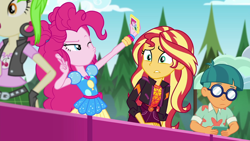 Size: 1920x1080 | Tagged: safe, screencap, cherry crash, pinkie pie, sunset shimmer, better together, equestria girls, sunset's backstage pass!, doodle bug, geode of empathy, geode of sugar bombs, magical geodes, music festival outfit