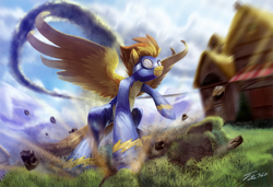 Size: 1024x700 | Tagged: safe, artist:tsitra360, derpibooru import, spitfire, pegasus, pony, newbie dash, badass, crepuscular rays, epic, female, goggles, landing, mare, perspective, ponyville, scene interpretation, signature, solo, superhero landing, wonderbolts uniform