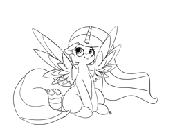 Size: 1280x967 | Tagged: safe, artist:pabbley, princess celestia, alicorn, pony, cake, cakelestia, food, hiding, innocent, monochrome, simple background, sitting, solo, spread wings, white background, wings