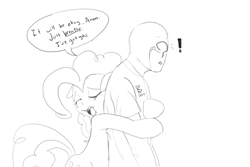 Size: 1500x1000 | Tagged: safe, artist:riggyrag, pinkie pie, oc, oc:anon, earth pony, human, pony, comforting, crying, exclamation point, grayscale, hug, monochrome, simple background, sketch, white background