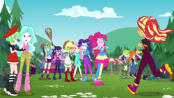 Size: 1920x1080 | Tagged: safe, screencap, applejack, cherry crash, drama letter, fluttershy, golden hazel, paisley, pinkie pie, rainbow dash, rarity, sci-twi, sunset shimmer, twilight sparkle, watermelody, better together, equestria girls, sunset's backstage pass!, boots, high heel boots, humane five, humane seven, humane six, music festival outfit, shoes, sneakers