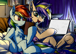 Size: 4214x3000 | Tagged: safe, artist:movieskywalker, derpibooru exclusive, derpibooru import, rainbow dash, oc, oc:dopami korpela, pegasus, pony, unicorn, blushing, book, canon x oc, chinese, computer, curtains, dopadash, draft, female, hooves, lamp, laptop computer, looking at each other, male, pillow, quilt, shipping, smiley face, straight