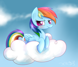 Size: 3000x2600 | Tagged: safe, artist:heavymetalbronyyeah, derpibooru import, rainbow dash, pegasus, pony, backwards cutie mark, blushing, cloud, cloudy, cute, dashabetes, high res, looking at you, lying down, on a cloud, solo