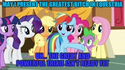 Size: 888x500 | Tagged: safe, derpibooru import, edit, edited screencap, screencap, applejack, fluttershy, pinkie pie, rainbow dash, rarity, spike, twilight sparkle, twilight sparkle (alicorn), alicorn, dragon, earth pony, pegasus, pony, unicorn, the last crusade, caption, image macro, implied trixie, mane six, op is a cuck, text, vulgar, winged spike