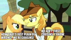 Size: 1280x720 | Tagged: safe, edit, edited screencap, screencap, applejack, braeburn, earth pony, pony, appleoosa's most wanted, animation error, applecest, bedroom eyes, braejack, caption, cousin incest, female, image macro, incest, male, mare, meme, shipping, stallion, straight