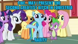 Size: 888x500 | Tagged: safe, derpibooru import, edit, edited screencap, screencap, applejack, fluttershy, pinkie pie, rainbow dash, rarity, spike, twilight sparkle, twilight sparkle (alicorn), alicorn, dragon, earth pony, pegasus, pony, unicorn, the last crusade, caption, image macro, mane seven, mane six, op is a cuck, text, vulgar, winged spike