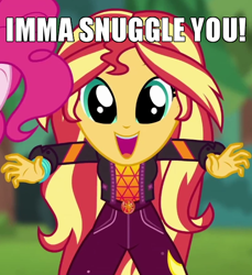 Size: 550x600 | Tagged: safe, edit, edited screencap, screencap, pinkie pie, sunset shimmer, better together, choose your own ending, equestria girls, wake up!, wake up!: pinkie pie, caption, cropped, cute, dilated pupils, female, geode of empathy, geode of sugar bombs, image macro, imma snuggle you, incoming hug, magical geodes, meme, shimmerbetes, snuggles?, solo focus, sugar rush, text