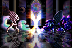 Size: 3840x2560 | Tagged: safe, artist:cybersquirrel, nightmare moon, princess celestia, princess luna, alicorn, pony, altered reflection, beam struggle, blast, duo, female, magic, magic blast, marble floor, mare, reflection, stained glass