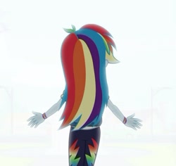 Size: 1061x1003 | Tagged: safe, derpibooru import, screencap, rainbow dash, better together, equestria girls, run to break free, arms wide open, cropped, light, rear view, solo