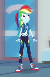 Size: 574x880 | Tagged: safe, derpibooru import, screencap, rainbow dash, better together, equestria girls, run to break free, converse, cropped, cute, dashabetes, female, geode of super speed, magical geodes, shoes, smiling, sneakers, solo