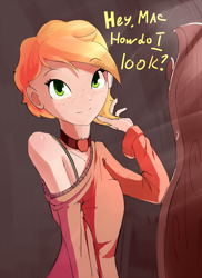 Size: 1000x1370 | Tagged: safe, artist:qweeli, applejack, human, choker, cute, dialogue, haircut, humanized, jackabetes, solo