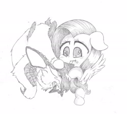 Size: 2432x2256 | Tagged: safe, artist:cross_ornstein, fluttershy, pegasus, pony, rabbit, duo, lagombi, monochrome, monster, monster hunter, pencil drawing, simple background, traditional art, urkusus