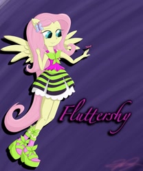 Size: 1706x2048 | Tagged: safe, artist:jabbie64, fluttershy, butterfly, equestria girls, alternate costumes, clothes, cute, flying, high heels, ponied up, sandals, socks, solo