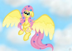 Size: 1754x1240 | Tagged: safe, artist:dominiquescreations, fluttershy, pegasus, pony, flower, flower in hair, flower in tail, flying, sky, solo, spread wings