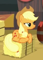 Size: 380x522 | Tagged: safe, screencap, applejack, earth pony, pony, appleoosa's most wanted, cropped, cute, hay bale, jackabetes, lidded eyes, ponyloaf, prone, solo