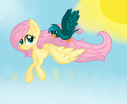 Size: 950x778 | Tagged: safe, artist:randomartist1324, fluttershy, bird, pegasus, pony, flying, looking at each other, sky, spread wings, sun