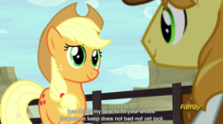 Size: 1278x714 | Tagged: safe, screencap, applejack, braeburn, earth pony, pony, appleoosa's most wanted, brabourne, meme, youtube caption