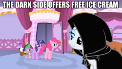 Size: 947x533 | Tagged: safe, derpibooru import, screencap, pinkie pie, rarity, spike, twilight sparkle, dragon, earth pony, pony, unicorn, cloak, clothes, image macro, meme, star wars