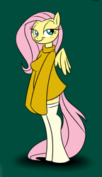 Size: 895x1558 | Tagged: safe, artist:mofetafrombrooklyn, fluttershy, anthro, unguligrade anthro, blushing, clothes, solo, sweater, sweatershy