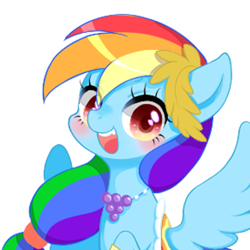 Size: 500x500 | Tagged: safe, artist:yuzuko, derpibooru import, rainbow dash, pegasus, pony, blushing, clothes, cute, dashabetes, dress, female, gala dress, hair accessory, jewelry, looking at you, mare, necklace, open mouth, simple background, solo, spread wings, white background, wings