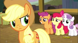 Size: 1283x714 | Tagged: safe, screencap, apple bloom, applejack, scootaloo, sweetie belle, earth pony, pony, appleoosa's most wanted, cutie mark crusaders, meme, youtube caption