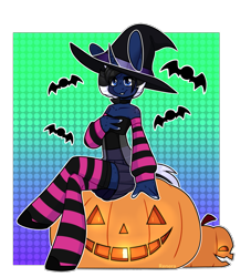 Size: 1089x1200 | Tagged: safe, artist:renera, oc, oc only, oc:shabaco, anthro, bats!, clothes, crossdressing, crossed legs, femboy, gloves, hat, long gloves, long socks, male, miniskirt, pleated skirt, pumpkin, shoes, skirt, socks, solo, striped socks, thigh highs, witch hat, zettai ryouiki